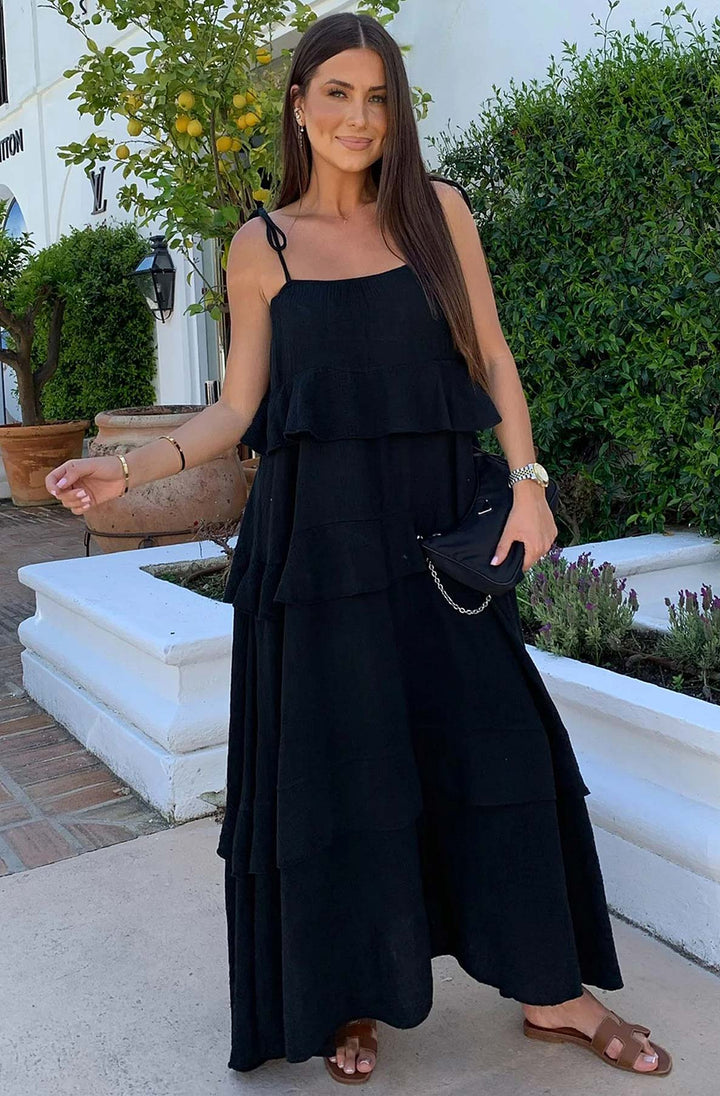 Angela Oversized Plain Tiered Maxi Dress - Black