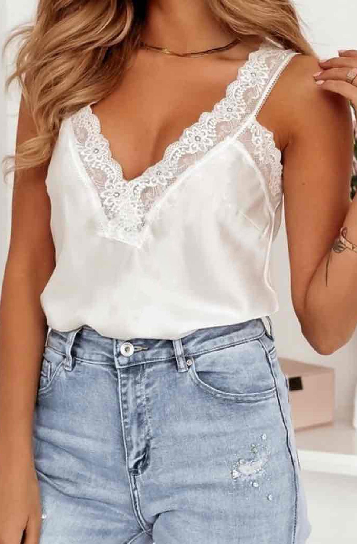 Jade Satin Delicate Lace Camisole Vest Top - Ivory