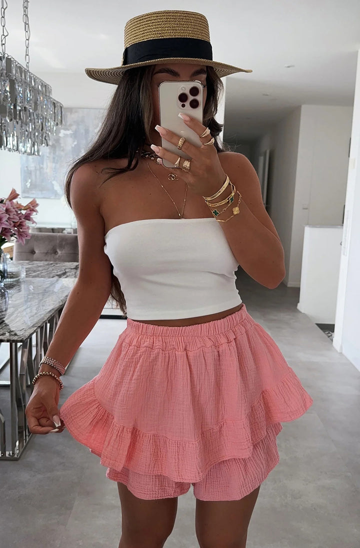 Alicia Cotton Gauze Style Frill Skort - Coral