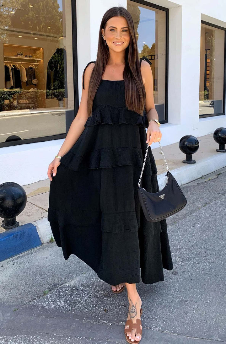 Angela Oversized Plain Tiered Maxi Dress - Black