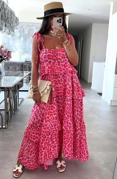 Angela Oversized Leopard Animal Print Tiered Maxi Dress - Pink