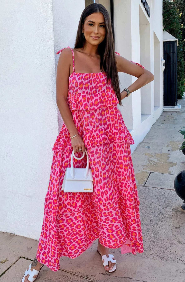 Angela Oversized Leopard Animal Print Tiered Maxi Dress - Pink