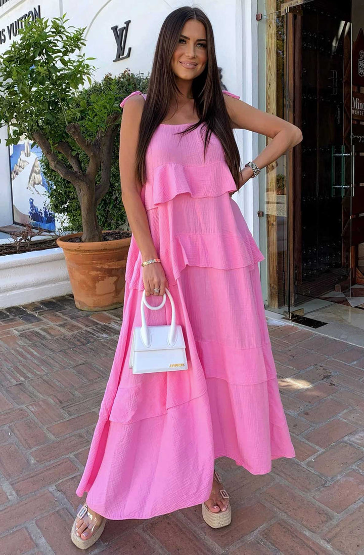 Angela Oversized Plain Tiered Maxi Dress - Pink