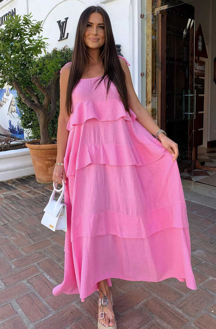 Angela Oversized Plain Tiered Maxi Dress - Pink