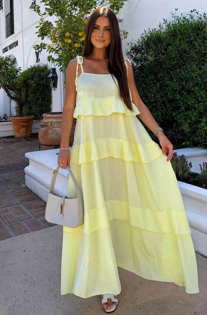 Angela Oversized Plain Tiered Maxi Dress - Yellow