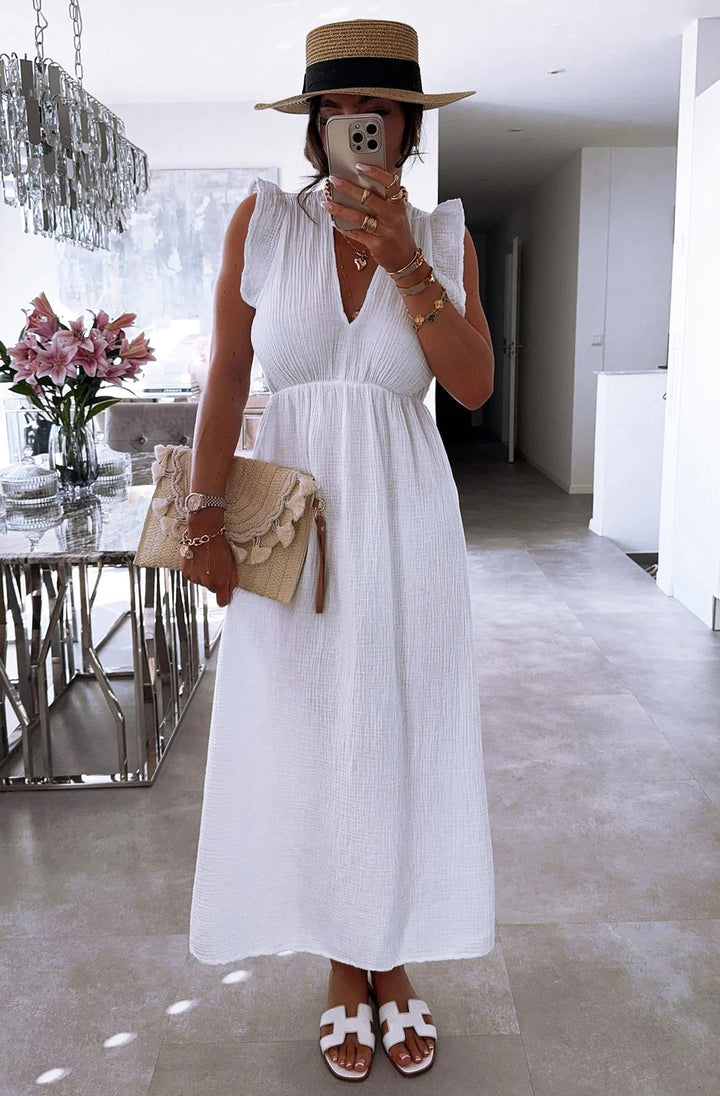 Janis Ruffle Frill Sleeve Cotton Gauze Maxi Dress - Ivory