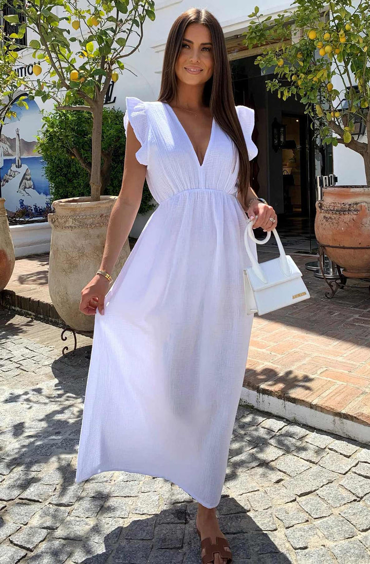 Janis Ruffle Frill Sleeve Cotton Gauze Maxi Dress - Ivory