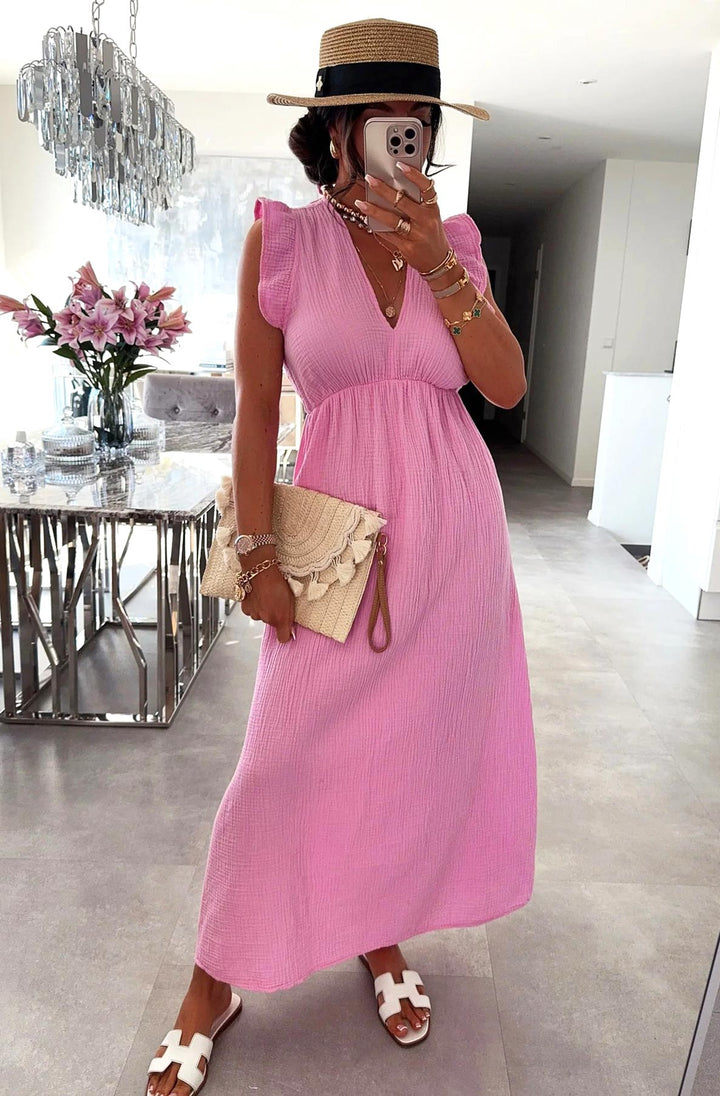 Janis Ruffle Frill Sleeve Cotton Gauze Maxi Dress - Pink