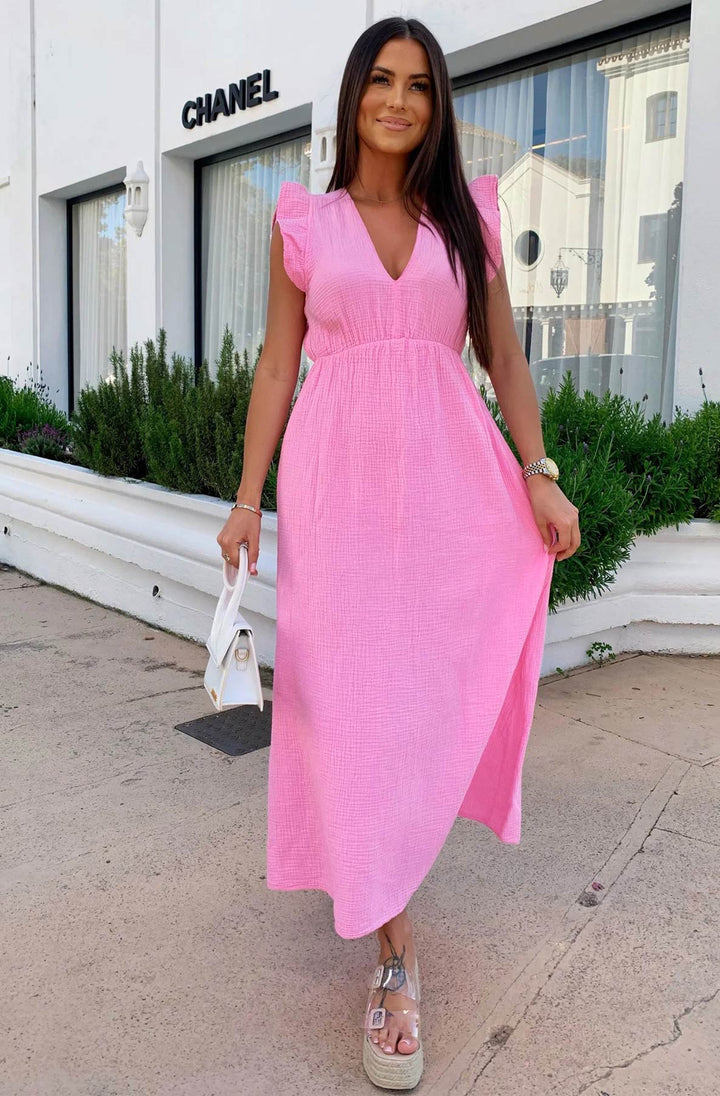 Janis Ruffle Frill Sleeve Cotton Gauze Maxi Dress - Pink
