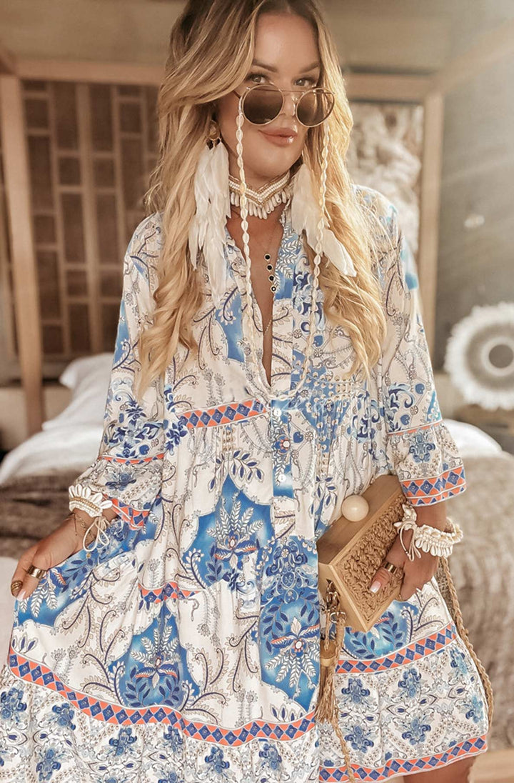 Kira Oversized Abstract Floral Tunic Dress - Paisley Blue Floral