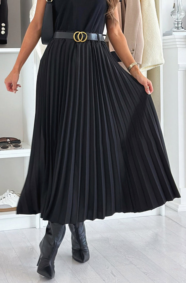 Megan Pleated Chiffon Belted Midaxi Skirt - Black