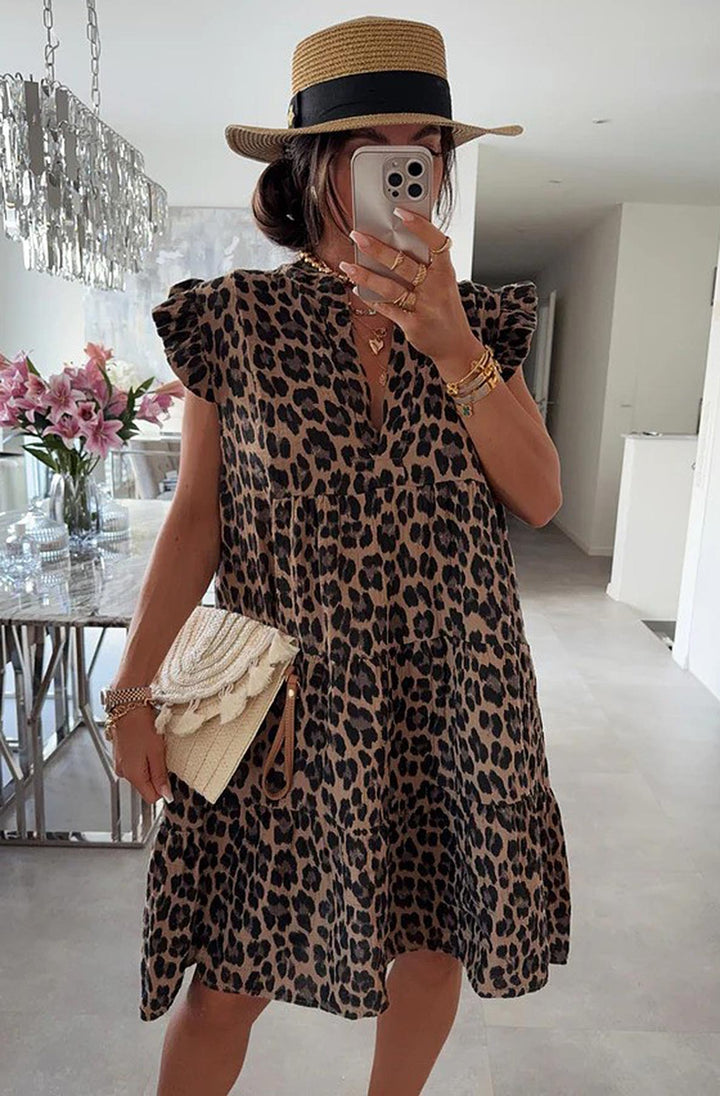 Mika Leopard Ruffle Frill Sleeve Cotton Gauze Style Smock Dress - Brown