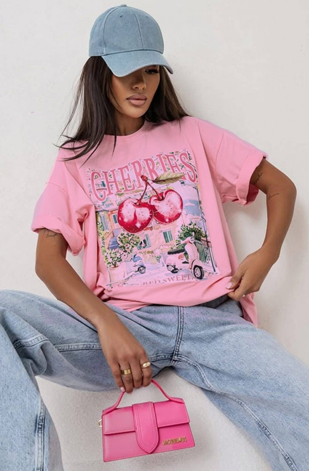 'Cherries' Red Sweet Graphic Printed T-Shirt Top - Pink