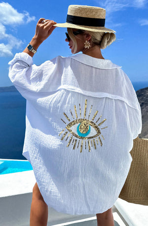 Maxine 'Eye' Sequins Oversized Cotton Gauze Style Shirt Top